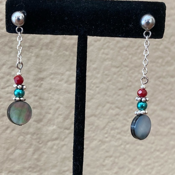 Abalone Coin Earrings with Teal & Red Accents - Picture 4 of 6